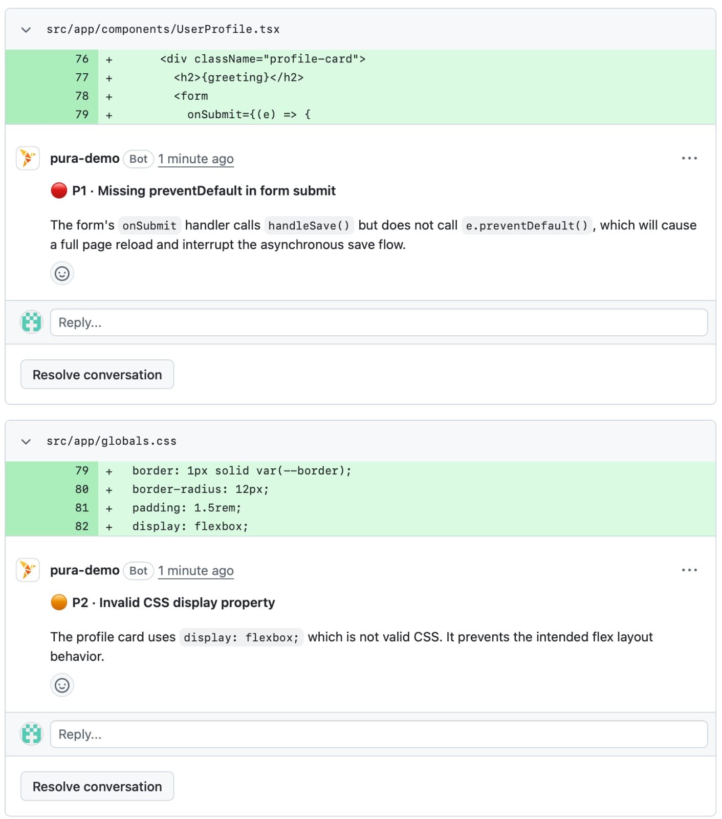 Inline PURA review comments anchored to specific lines, each tagged P1 or P2 with an explanation