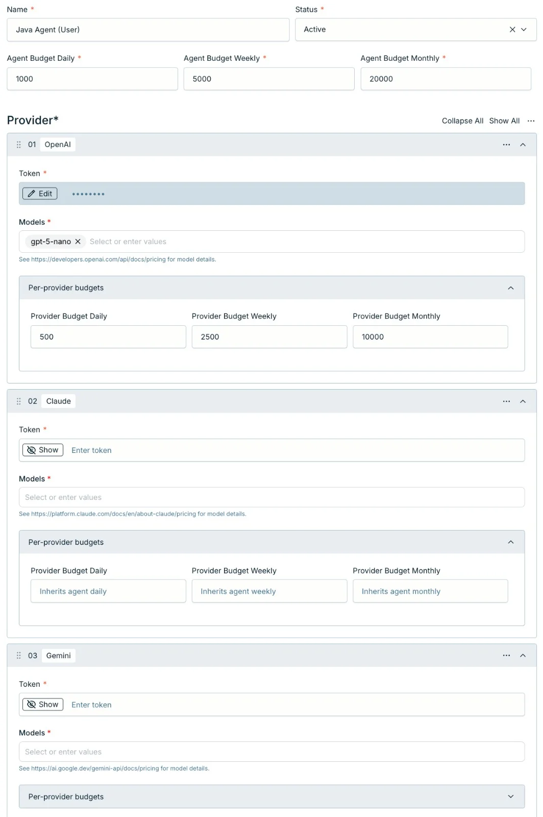 The PURA review agent editor — name, status, agent daily/weekly/monthly budgets, and provider blocks for OpenAI, Claude, and Gemini with keys, models, and per-provider budgets